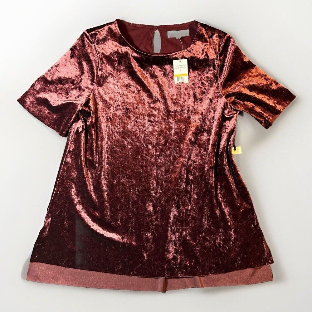 Penelope Rose Crushed Velvet 90s Short Sleeve Blouse SzS Burgundy Y2K Vamp NWT